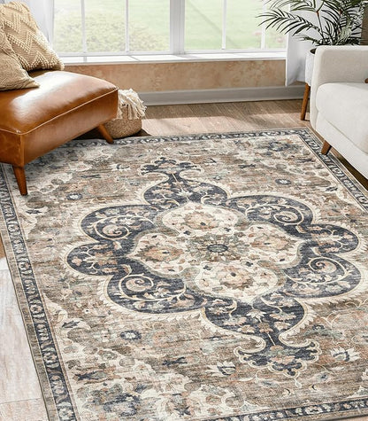 ReaLife Rugs Machine Washable Area Rug Runner - Living Room Bedroom Bathroom Kitchen Entryway Office - Padded Low Pile Stain Resistant Premium - Boho Farmhouse Vintage - Joy - Brown Beige 3' x 5'