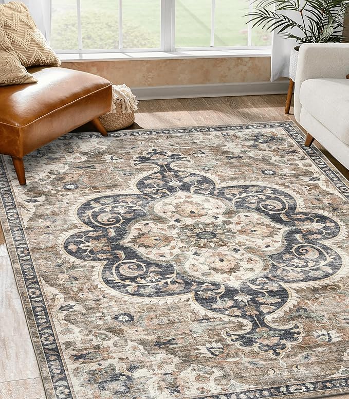 ReaLife Rugs Machine Washable Area Rug - Living Room Bedroom Bathroom Kitchen Entryway Office - Padded Low Pile Stain Resistant Premium - Boho Farmhouse Vintage - Joy - Brown Beige 4' x 6'