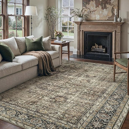 Vintage Area Rug 7x9 Brown Washable Living Room Large Carpet Non Slip Bedroom Indoor Office Low Pile Traditional Distressed Retro Accent Rug for Dining Room Kitchen