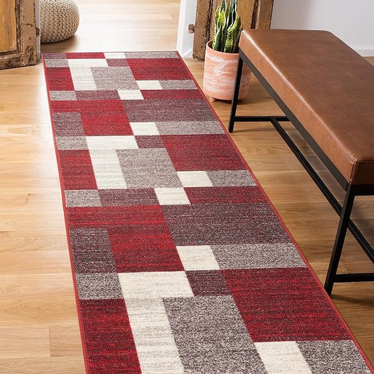 Rugshop Red Modern Geometric Boxes Non-Slip Area Rug Non-Shedding for Hallway, Entryway and Kitchen, 2' x 7'2" (22" X 84")