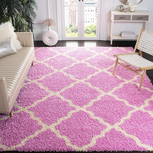 SAFAVIEH Dallas Shag Collection Area Rug - 10' x 14', Pink & Ivory, Trellis Design, Non-Shedding & Easy Care, 1.5-inch Thick Ideal for High Traffic Areas in Living Room, Bedroom (SGD257I)