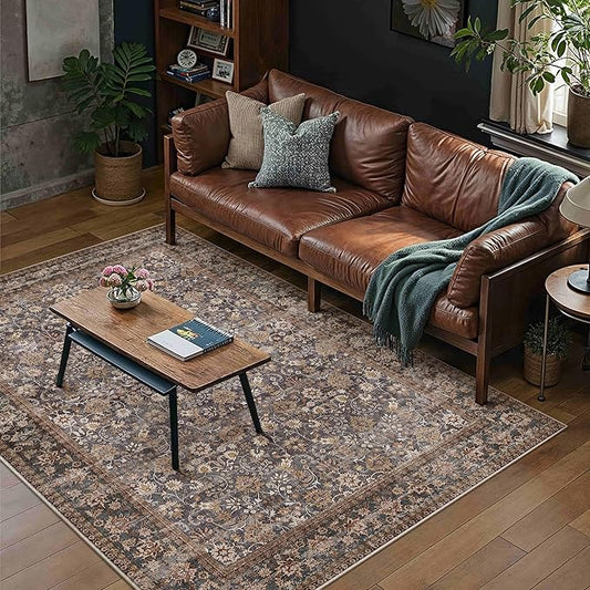 HUGEAR 4x6 Machine Washable Rugs Tradition Brown Hallway Area Rug Indoor Accent Rug Floral Low Pile Carpet Soft Throw Rug Bedroom Living Room Office Dining Room Kitchen Laundry Room Non Slip
