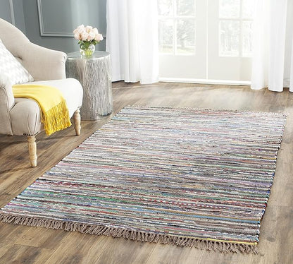 SAFAVIEH Rag Rug, Collection Area Rug - 3' Square, Rust & Multi, Handmade Boho Stripe Cotton, Ideal for High Traffic Areas in Living Room, Bedroom (RAR121E)