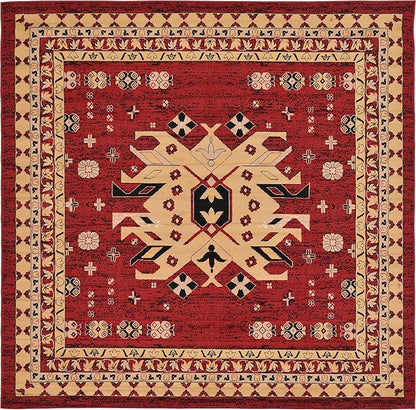 Unique Loom Taftan Collection Border Geometric Tribal Inspired Design Area Rug (8' 0 x 8' 0 Square, Red/ Gold)