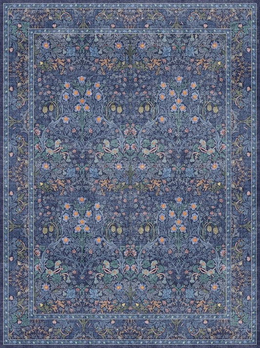 Washable Dark Blue Rug for Living Room - 9x12 Large Area Rug for Dining Room Under Table, Bedroom, Soft Low Pile Non-Slip Stain Resistant Carpet - Vintage Navy Floral Design