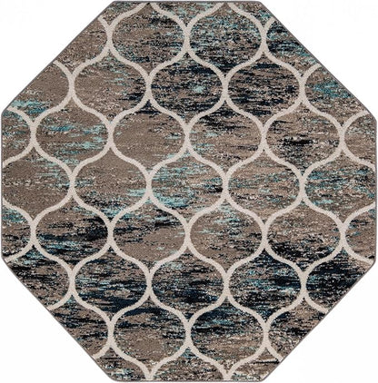 Rugs.com Lattice Frieze Collection Rug – 7 Ft Octagon Blue Multi Medium-Pile Rug Perfect for Living Rooms, Kitchens, Entryways