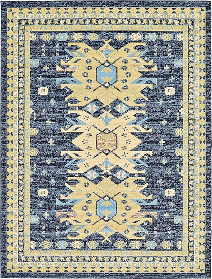 Unique Loom Taftan Collection Border Geometric Tribal Inspired Design Area Rug (9' 10 x 13' 0 Rectangular, Navy Blue/ Gold)