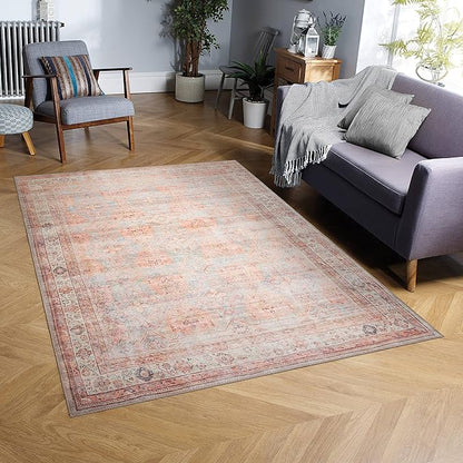 GLN Rugs Traditional Collection - Machine Washable Area Rug, Traditional Washable, Non Slip, Low Pile Chenille Rug, Living Room, Bedroom, Kitchen Rug (2'6" x 10' Terra/Multicolor 1153)