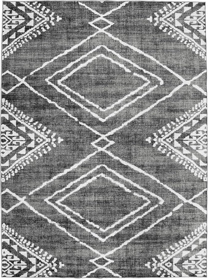 ReaLife Rugs Machine Washable Area Rug - Living Room Bedroom Bathroom Kitchen Entryway Office - Padded Low Pile Stain Resistant Premium - Moroccan Diamond Tribal - Jax - Gray 5' x 7'