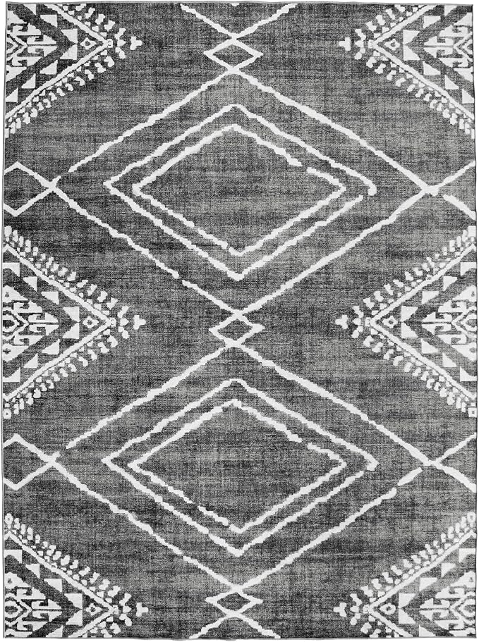 ReaLife Rugs Machine Washable Area Rug - Living Room Bedroom Bathroom Kitchen Entryway Office - Padded Low Pile Stain Resistant Premium - Moroccan Diamond Tribal - Jax - Gray 4' x 6'
