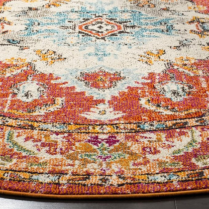 SAFAVIEH Monaco Collection Area Rug - 8' Round, Orange & Light Blue, Boho Chic Medallion Distressed Design, Non-Shedding & Easy Care, Ideal for High Traffic Areas in Living Room, Bedroom (MNC243H)