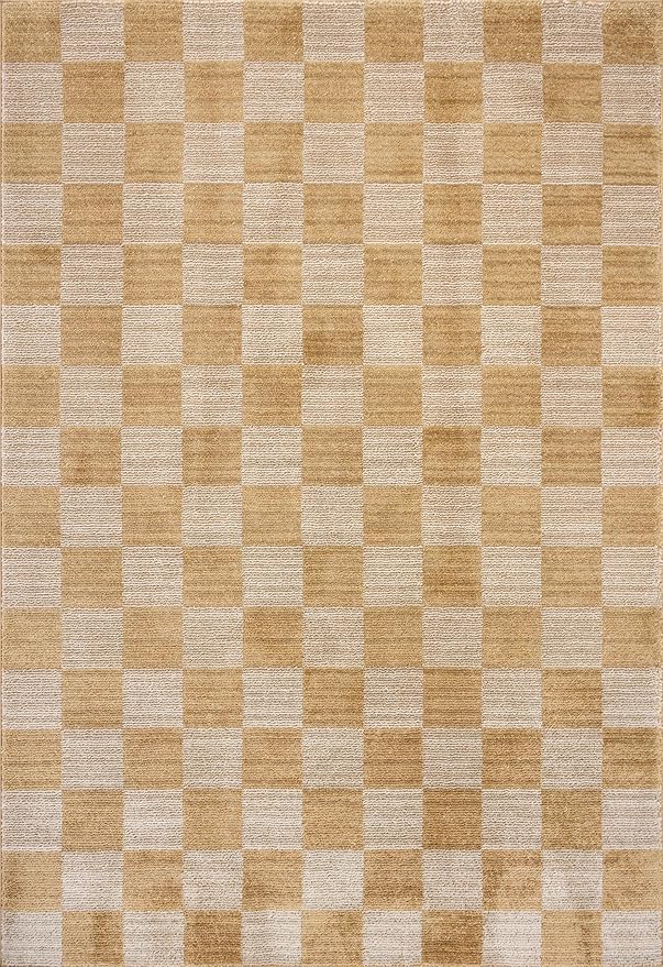 Loloi Chris Loves Julia Calvin Collection CLV-01 Apricot/Ivory 2'-7" x 7'-6" Runner Rug Checkered Neutral Soft Living Room Bedroom Carpet