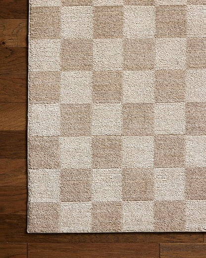 Loloi Chris Loves Julia Calvin Collection CLV-01 Pebble/Ivory 5'-3" x 5'-3" Round Area Rug Checkered Neutral Soft Living Room Bedroom Carpet