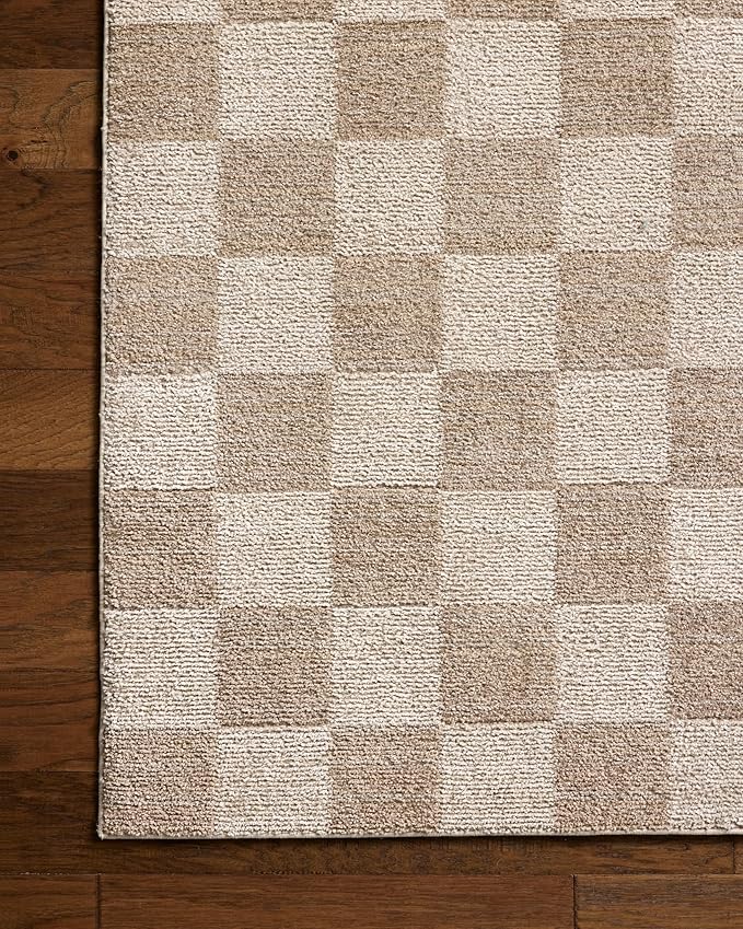 Loloi Chris Loves Julia Calvin Collection CLV-01 Pebble/Ivory 7'-10" x 7'-10" Round Area Rug Checkered Neutral Soft Living Room Bedroom Carpet