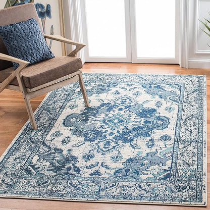 SAFAVIEH Monaco Collection Area Rug - 8' x 10', Ivory & Blue, Boho Chic Medallion Distressed Design, Non-Shedding & Easy Care, Ideal for High Traffic Areas in Living Room, Bedroom (MNC243A)