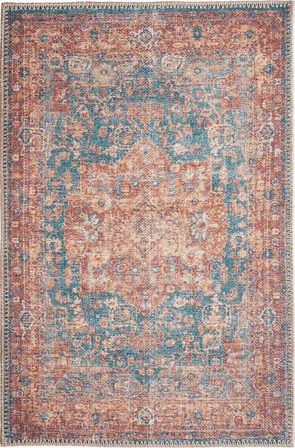 GLN Rugs Traditional Collection - Machine Washable Area Rug, Traditional Washable, Non Slip, Low Pile Chenille Rug, Living Room, Bedroom, Kitchen Rug (2' x 3' Terra/Green)