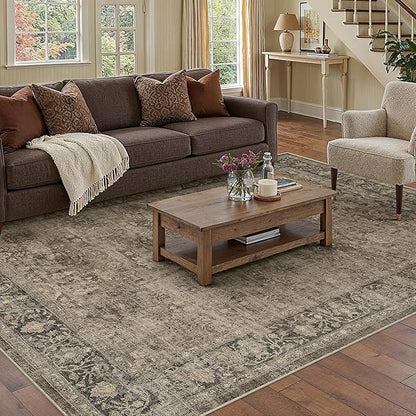 8x10 Brown Washable Area Rug for Living Room Bedroom Neutral Vintage Soft Non Slip Rug Low Pile Distressed Carpet for Dining Room Nursery Office Indoor