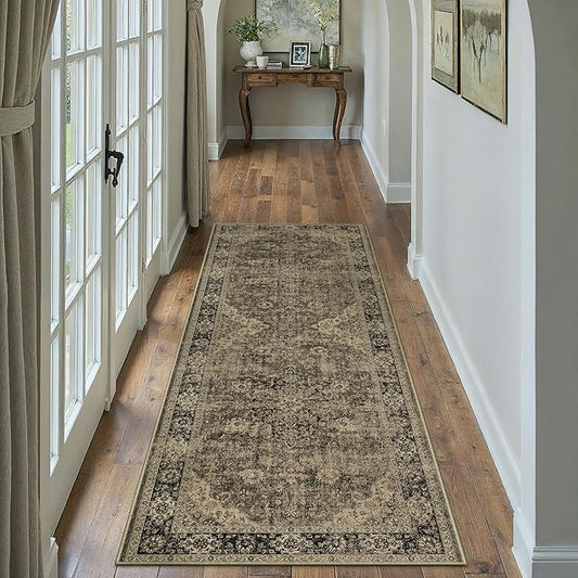 HUGEAR 2x6 Runner Rug Hallway Machine Washable Retro Brown Vintage Floral Low Pile Carpet Distressed Long Throw Rug Bedroom Office Bathroom Kitchen Laundry Non Slip Soft Lightweight