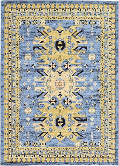 Unique Loom Taftan Collection Border Geometric Tribal Inspired Design Area Rug, 7 ft x 10 ft, Light Blue/Gold