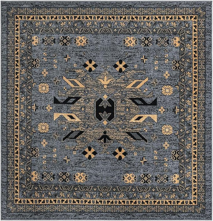 Unique Loom Taftan Collection Border Geometric Tribal Inspired Design Area Rug (8' 0 x 8' 0 Square, Gray/ Black)