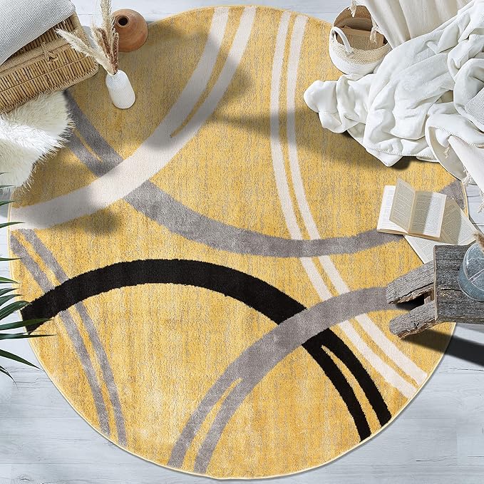 Rugshop Wavy Circles Design Round Rug, Fade-Resistant Carpet for Living Room, Dining Area, or Office, Yellow, 6'6" Round