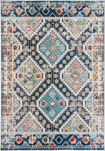 SAFAVIEH Madison Collection Area Rug - 5'3" x 7'6", Navy & Beige, Boho Diamond Distressed Design, Non-Shedding & Easy Care, Ideal for High Traffic Areas in Living Room, Bedroom (MAD418M)