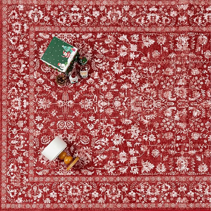 Christmas Runner Rug 2x6 Red Washable Hallway Carpet Retro Floral Holiday Decorative Non Slip Low Pile Soft Throw Long Xmas Rug for Kitchen Bedroom Bathroom