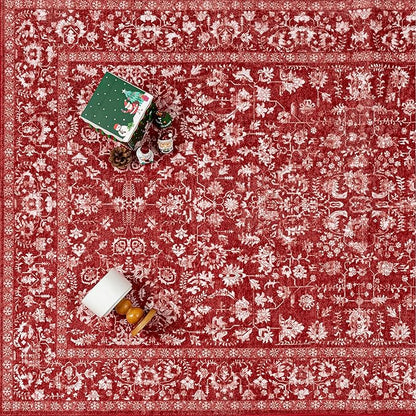 Christmas Area Rug 2x3 Red Washable Entryway Non Slip Small Carpet Holiday Door Mat Vintage Distressed Floral Accent Rug Low Pile Soft Thin Xmas Doormat for Bathroom Laundry Kitchen