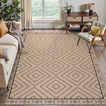 Tangsoo Modern Easy Jute 4x6 Outdoor Rug for Living Room,Ultra Thin Washable Area Rug,Geometric Indoor Carpet Farmhouse Non-Slip Throw Mat for Bedroom Dining Room Patio Front Porch