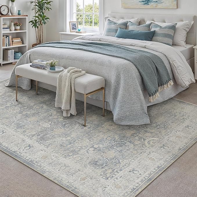 9x12 Blue Area Rug for Living Room Bedroom Neutral Soft Non Slip Rug Low Pile Vintage Distressed Large Carpet for Dining Room Nursery Office Indoor