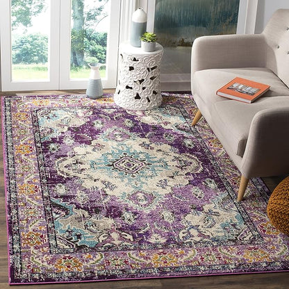 SAFAVIEH Monaco Collection Area Rug - 8' x 10', Violet & Light Blue, Boho Chic Medallion Distressed Design, Non-Shedding & Easy Care, Ideal for High Traffic Areas in Living Room, Bedroom (MNC243L)