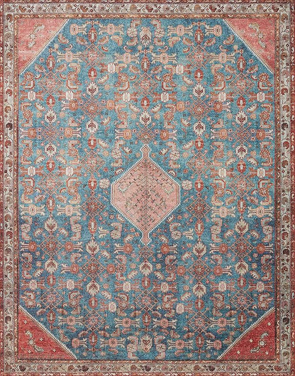 Loloi Layla Collection LAY-10 Marine/Clay 9'-0" x 12'-0" .13" Thick Area Rug, Soft, Durable, Vintage Inspired, Distressed, Low Pile, Non-Shedding, Easy Clean, Printed, Living Room Rug