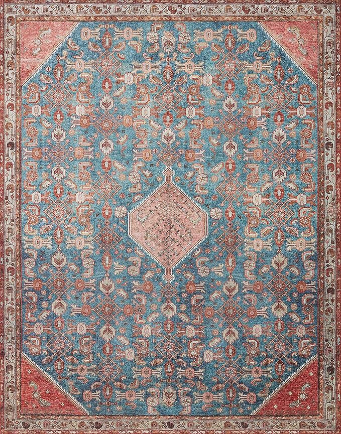 Loloi Layla Collection LAY-10 Marine/Clay 5'-0" x 7'-6" .13" Thick Area Rug, Soft, Durable, Vintage Inspired, Distressed, Low Pile, Non-Shedding, Easy Clean, Printed, Living Room Rug
