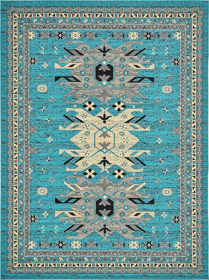Unique Loom Taftan Collection Border Geometric Tribal Inspired Design Area Rug (9' 10 x 13' 0 Rectangular, Turquoise/ Gray)