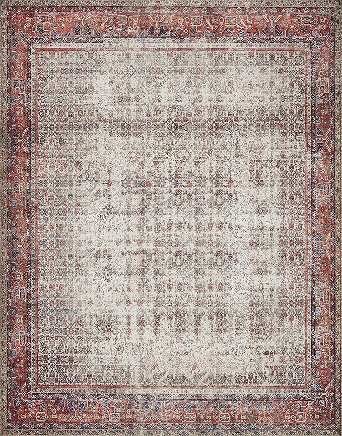 Loloi Layla Collection LAY-12 Ivory/Brick 2'-0" x 5'-0" .13" Thick Accent Rug, Soft, Durable, Vintage Inspired, Distressed, Low Pile, Non-Shedding, Easy Clean, Printed, Living Room Rug