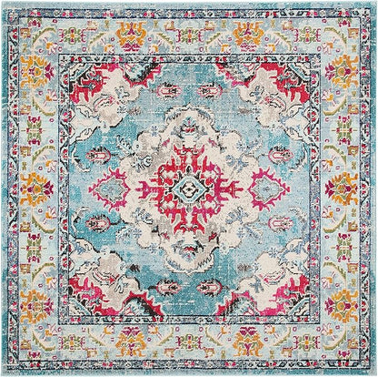 SAFAVIEH Monaco Collection Area Rug - 6'7" Square, Light Blue & Fuchsia, Boho Chic Medallion Distressed Design, Non-Shedding & Easy Care, Ideal for High Traffic Areas in Living Room, Bedroom (MNC243J)