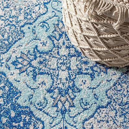 JONATHAN Y Boho Vintage Cream/Blue 5x5 Square Area Rug, Bohemian Flair Medallion, Floral Easy-Cleaning High Traffic for Living Room, Bedroom, Kitchen, Pet-Friendly, Non Shedding (BMF106AB-5SQ)