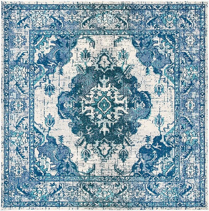 SAFAVIEH Monaco Collection Area Rug - 6'7" Square, Ivory & Blue, Boho Chic Medallion Distressed Design, Non-Shedding & Easy Care, Ideal for High Traffic Areas in Living Room, Bedroom (MNC243A)