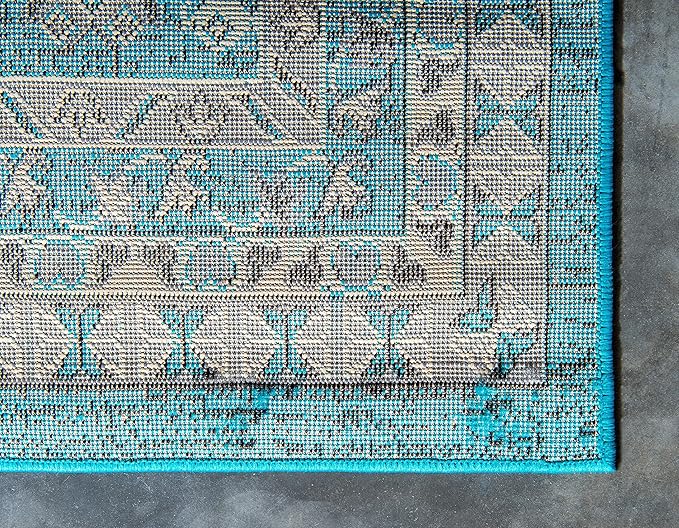 Unique Loom Taftan Collection Border Geometric Tribal Inspired Design Area Rug (7' 0 x 10' 0 Rectangular, Turquoise/ Gray)