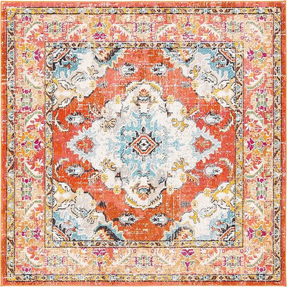 SAFAVIEH Monaco Collection Area Rug - 6'7" Square, Orange & Light Blue, Boho Chic Medallion Distressed Design, Non-Shedding & Easy Care, Ideal for High Traffic Areas in Living Room, Bedroom (MNC243H)