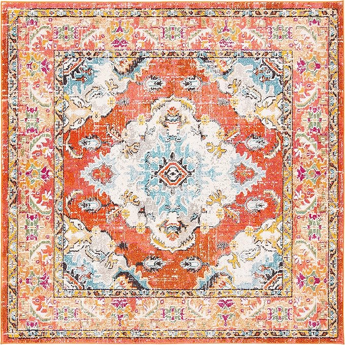 SAFAVIEH Monaco Collection Area Rug - 8' Square, Orange & Light Blue, Boho Chic Medallion Distressed Design, Non-Shedding & Easy Care, Ideal for High Traffic Areas in Living Room, Bedroom (MNC243H)