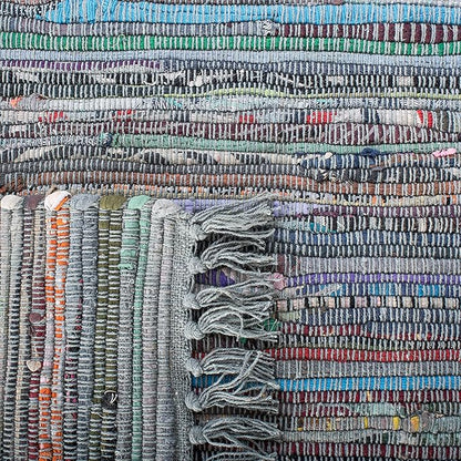 SAFAVIEH Rag Rug Collection Area Rug - 4' Square, Aqua & Multi, Handmade Boho Stripe Cotton, Ideal for High Traffic Areas in Living Room, Bedroom (RAR121K)