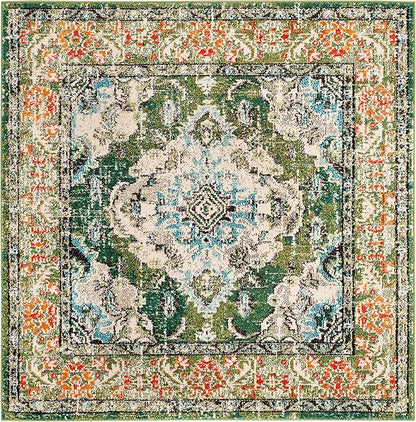 SAFAVIEH Monaco Collection Area Rug - 5' Square, Forest Green & Light Blue, Medallion Distressed Design, Non-Shedding & Easy Care, Ideal for High Traffic Areas in Living Room, Bedroom (MNC243F)