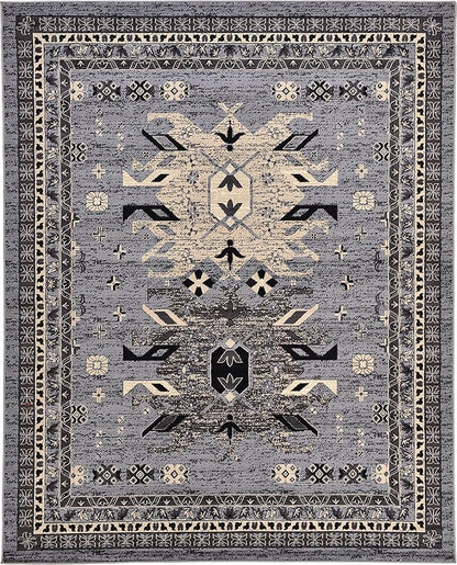 Unique Loom Taftan Collection Border Geometric Tribal Inspired Design Area Rug (8' 0 x 10' 0 Rectangular, Gray/ Black)