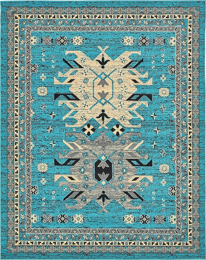 Unique Loom Taftan Collection Border Geometric Tribal Inspired Design Area Rug (8' 0 x 10' 0 Rectangular, Turquoise/ Gray)