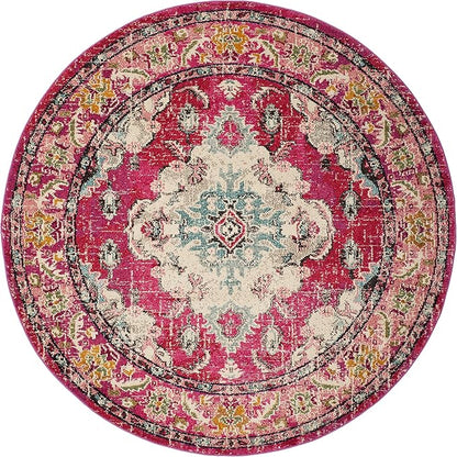 SAFAVIEH Monaco Collection Area Rug - 8'8" Round, Pink & Multi, Boho Chic Medallion Distressed Design, Non-Shedding & Easy Care, Ideal for High Traffic Areas in Living Room, Bedroom (MNC243D)