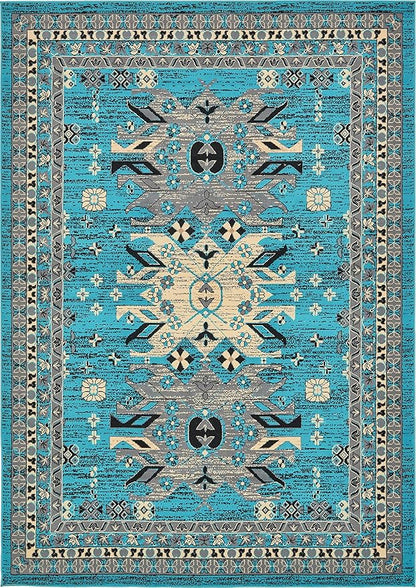 Unique Loom Taftan Collection Border Geometric Tribal Inspired Design Area Rug (7' 0 x 10' 0 Rectangular, Turquoise/ Gray)