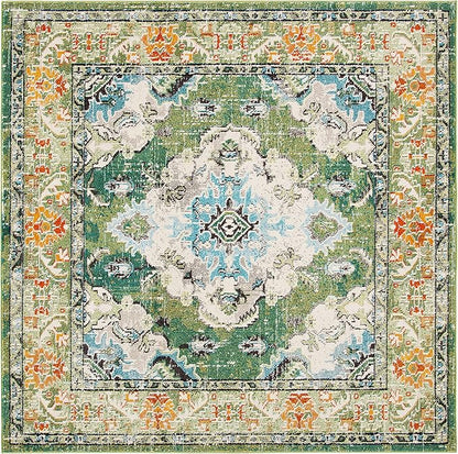SAFAVIEH Monaco Collection Area Rug - 4' Square, Forest Green & Light Blue, Medallion Distressed Design, Non-Shedding & Easy Care, Ideal for High Traffic Areas in Living Room, Bedroom (MNC243F)