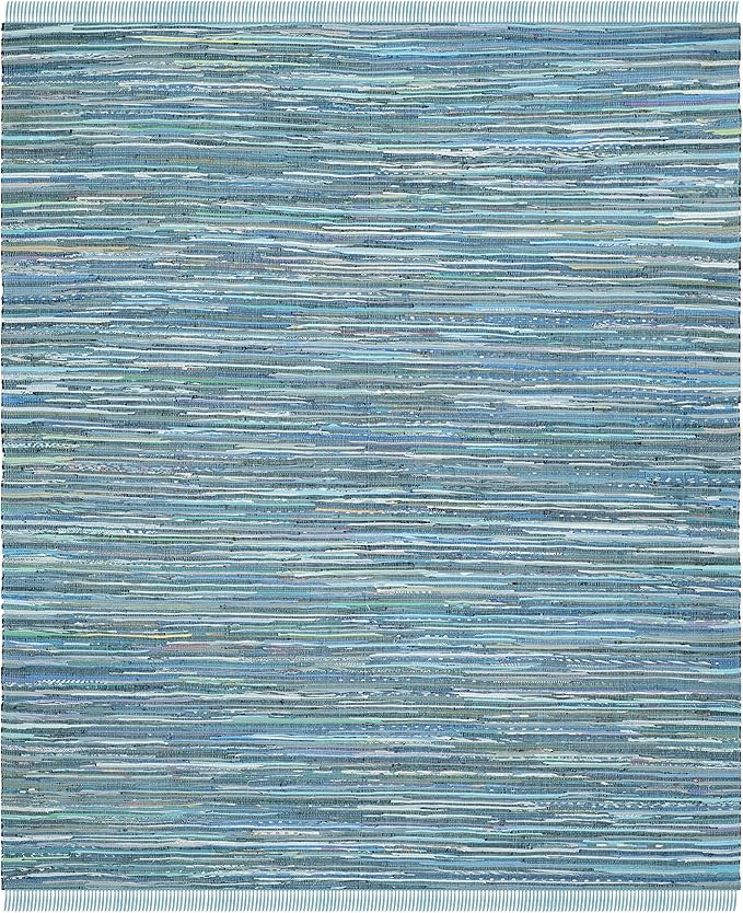 SAFAVIEH Rag Rug Collection Area Rug - 8' x 10', Blue & Multi, Handmade Boho Stripe Cotton, Ideal for High Traffic Areas in Living Room, Bedroom (RAR121B)