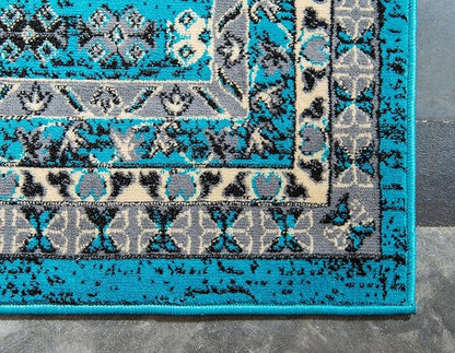 Unique Loom Taftan Collection Border Geometric Tribal Inspired Design Area Rug (4' 0 x 6' 0 Rectangular, Turquoise/ Gray)
